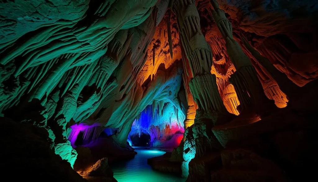 Interior of Jeita Grotto showing spectacular limestone formations and underground river
