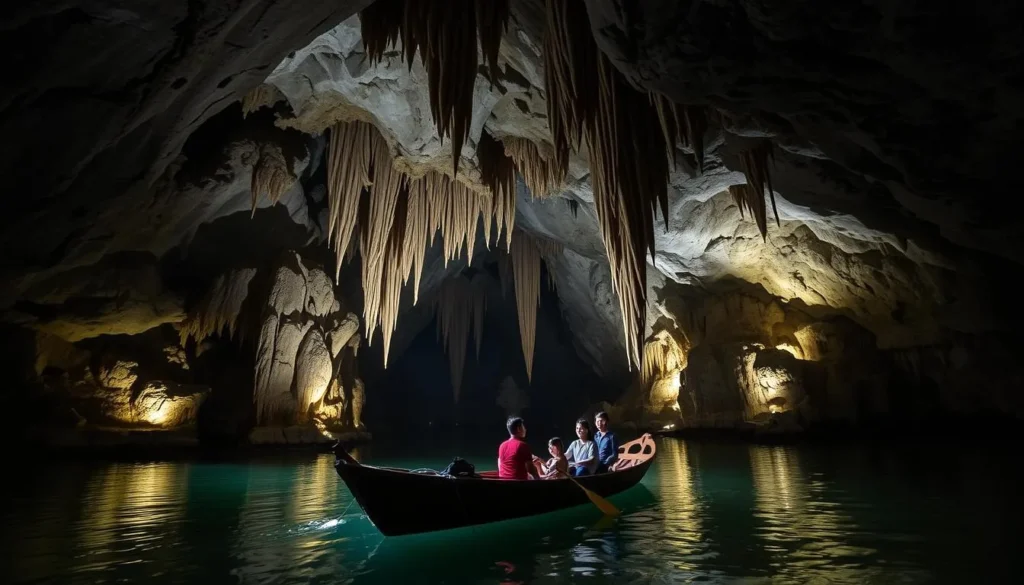 Interior of Kong Lor Cave with boat on underground river and dramatic stalactites