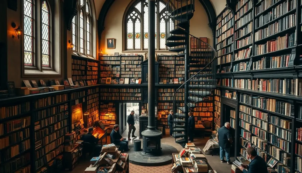 Interior of Leakey's Bookshop in Inverness Scotland with spiral staircase and books