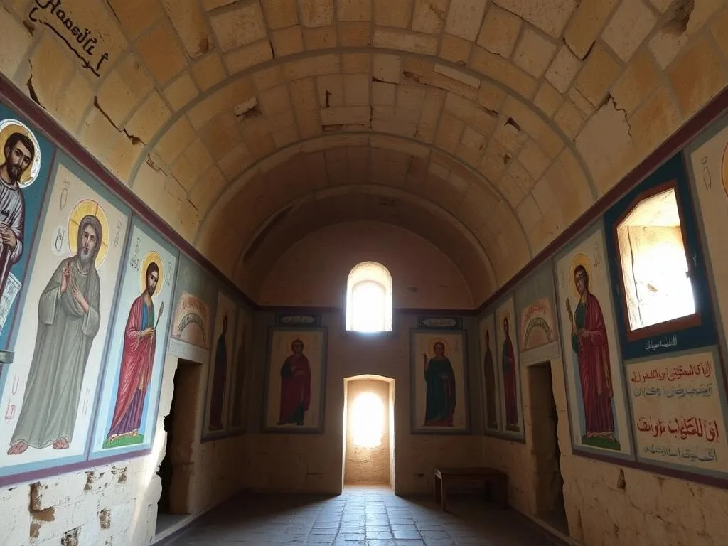 Interior of Mar Lichaa Monastery showing ancient frescoes and stone architecture Interior of Mar Lichaa Monastery showing ancient frescoes and stone architecture