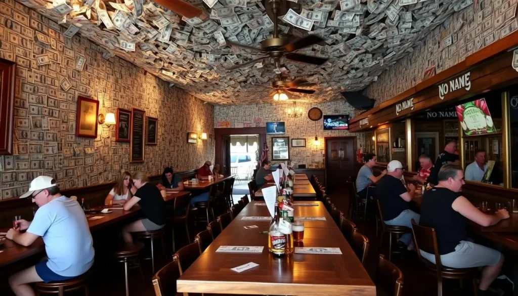 Interior of No Name Pub on Big Pine Key showing walls covered with dollar bills and rustic decor