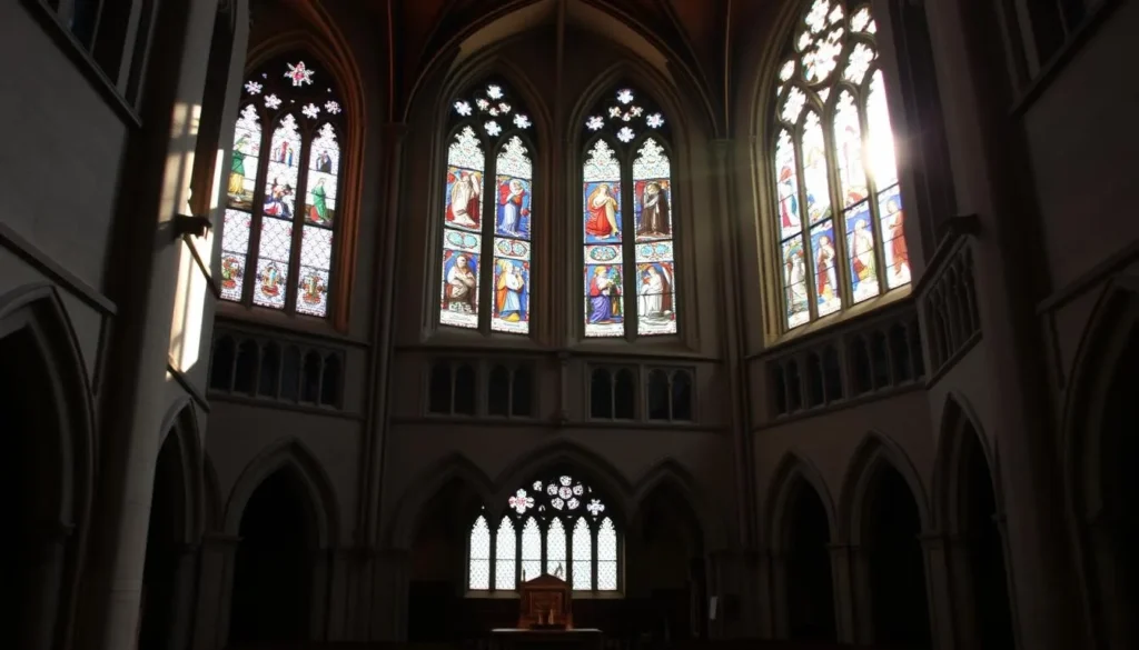 Interior of Portsmouth Cathedral showing stained glass windows and historic architecture