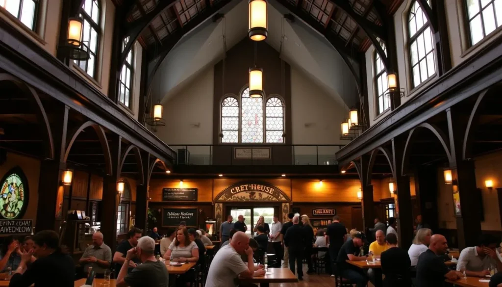 Interior of PublicHouse in Springfield, showing the converted church space with diners enjoying craft beer and food Interior of PublicHouse in Springfield, showing the converted church space with diners enjoying craft beer and food