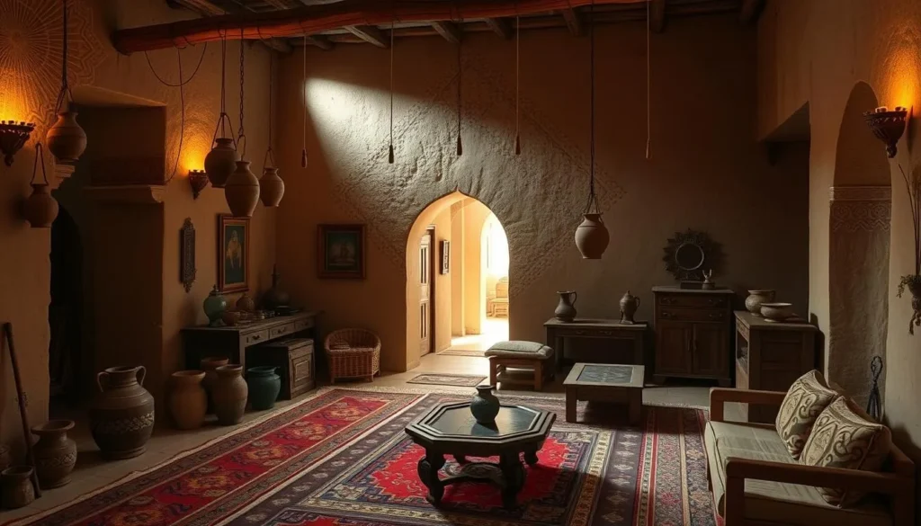 Interior of Qasra Museum showing traditional Omani artifacts, rugs and furnishings Interior of Qasra Museum showing traditional Omani artifacts, rugs and furnishings