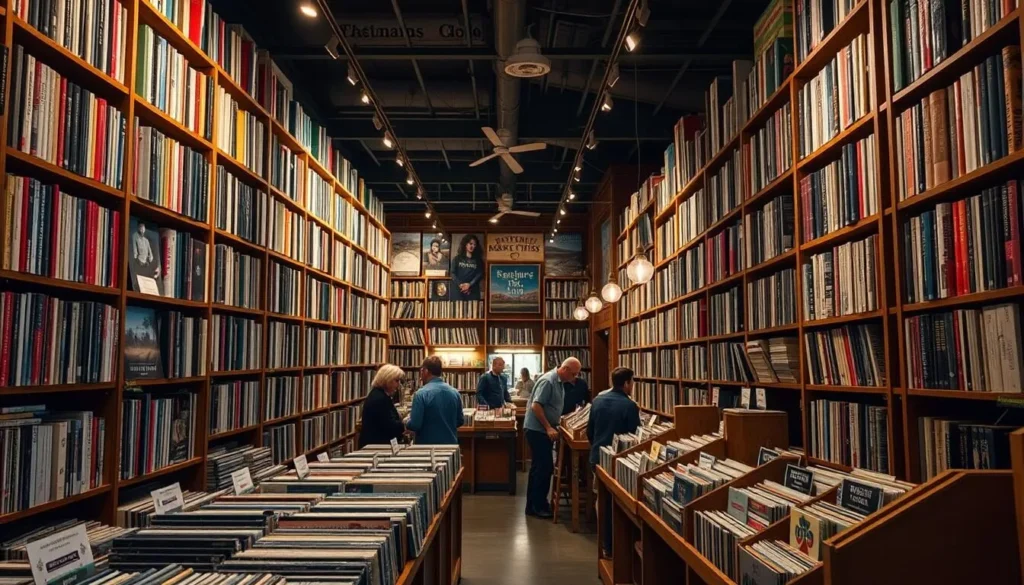 Interior of Recycled Books store with tall shelves filled with books and vinyl records