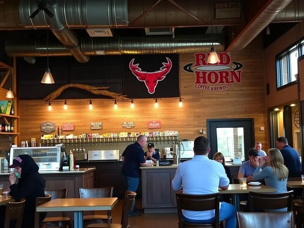 Interior of Red Horn Coffee House with craft beer taps and coffee bar Interior of Red Horn Coffee House with craft beer taps and coffee bar