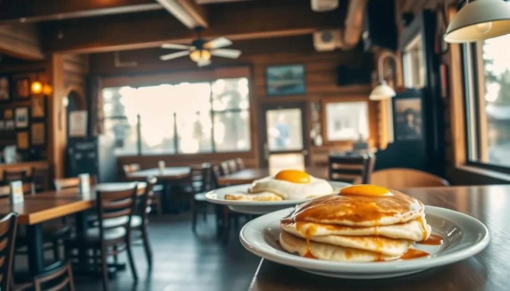 Interior of Silver Lake Resort Cafe with mountain decor and breakfast being served
