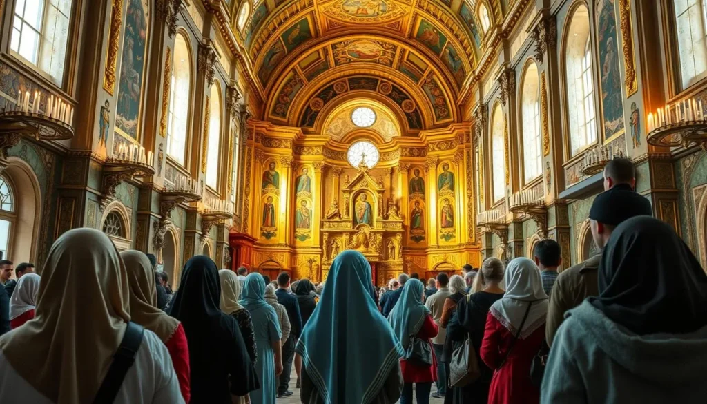 Interior of St. Catherine Cathedral in Krasnodar with visitors observing proper etiquette