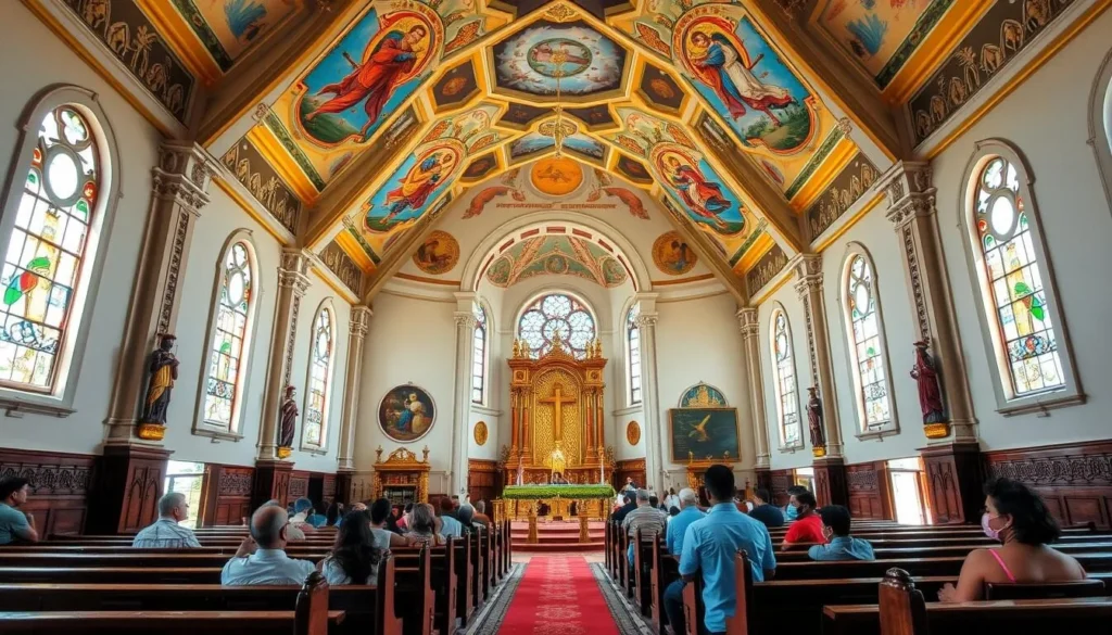Interior of St. Mary's Church in Negombo showing colorful ceiling paintings and ornate altar
