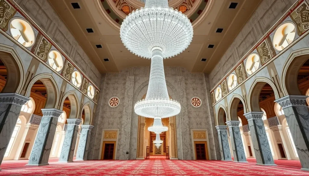Interior of Sultan Qaboos Grand Mosque showing the main prayer hall with chandelier Interior of Sultan Qaboos Grand Mosque showing the main prayer hall with chandelier