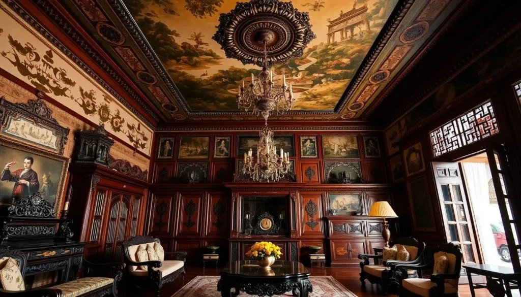 Interior of Tjong A Fie Mansion showing ornate furniture and architectural details Interior of Tjong A Fie Mansion showing ornate furniture and architectural details