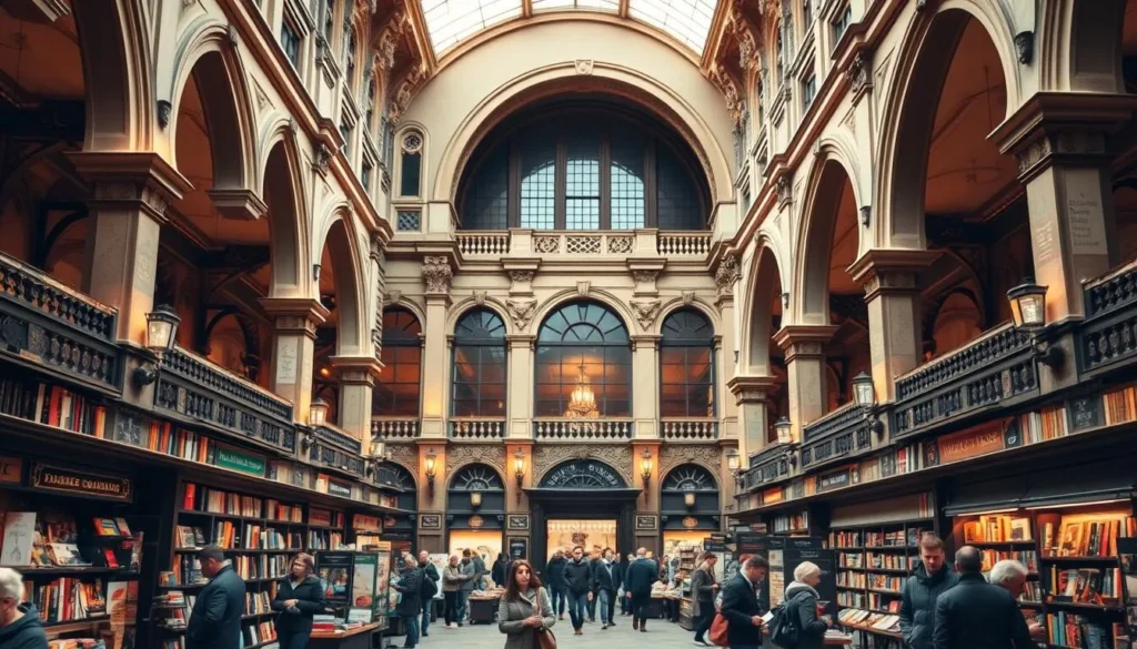 Interior of Vieille Bourse courtyard in Lille France with book market and historic architecture