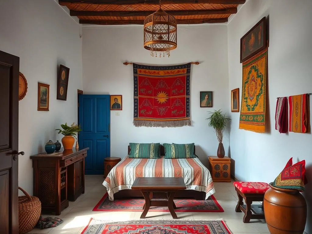 Interior of a budget guesthouse in Sidi Slimane with traditional Moroccan decor
