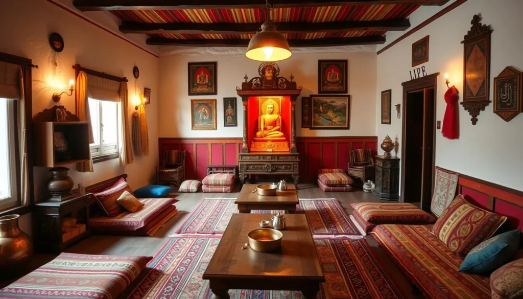 Interior of a traditional Ladakhi homestay showing colorful textiles, low tables, cushions, and traditional decorations