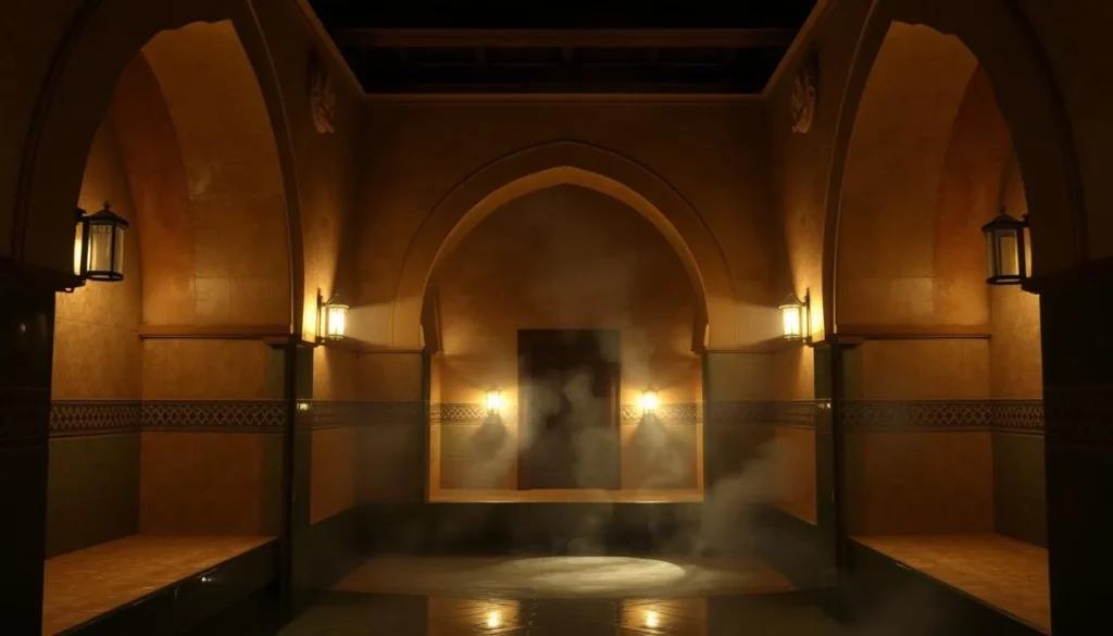 Interior of a traditional Moroccan hammam with arched doorways and steam