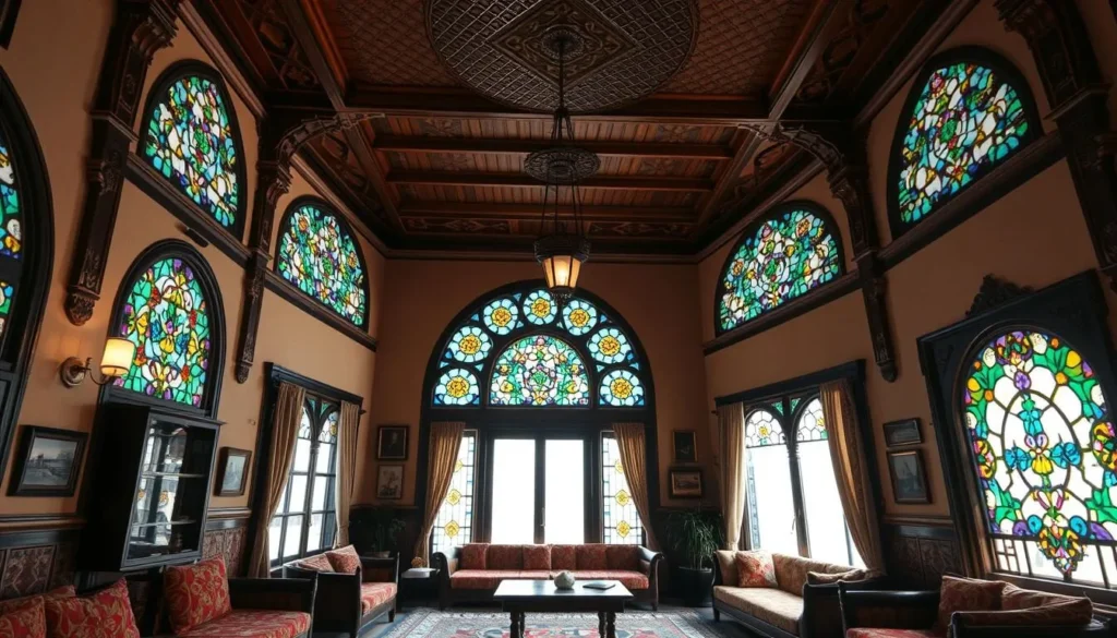 Interior of a traditional Yemeni hotel in Taiz with ornate architecture and comfortable furnishings