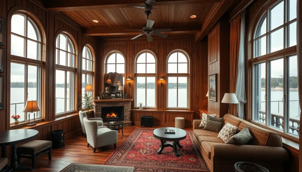 Interior of a traditional hotel in Arkhangelsk with wooden decor elements