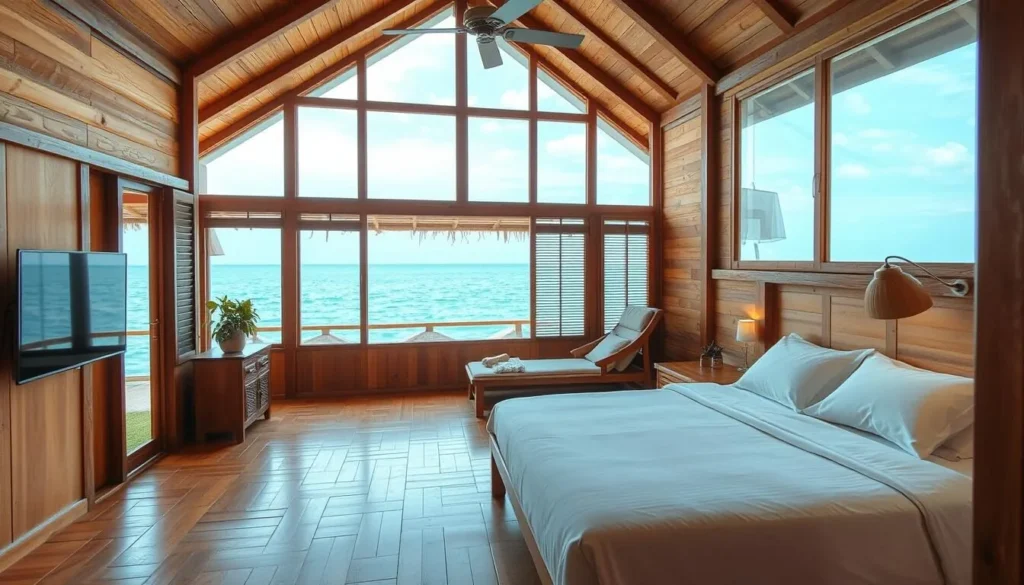 Interior of a traditional stilt house accommodation in Bontang Kuala with ocean views