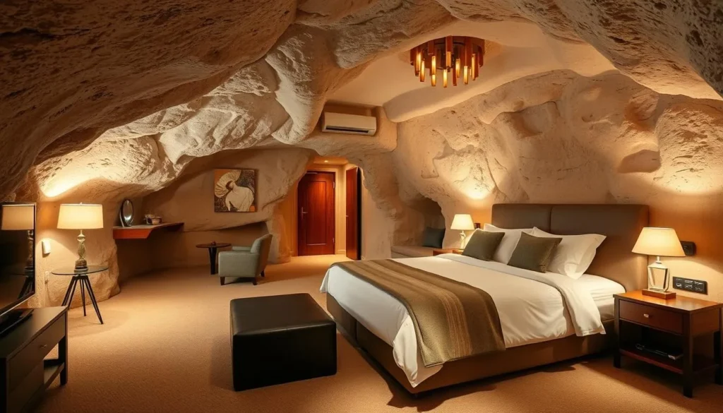 Interior of an underground hotel room in Coober Pedy, South Australia showing the rock walls and comfortable furnishings