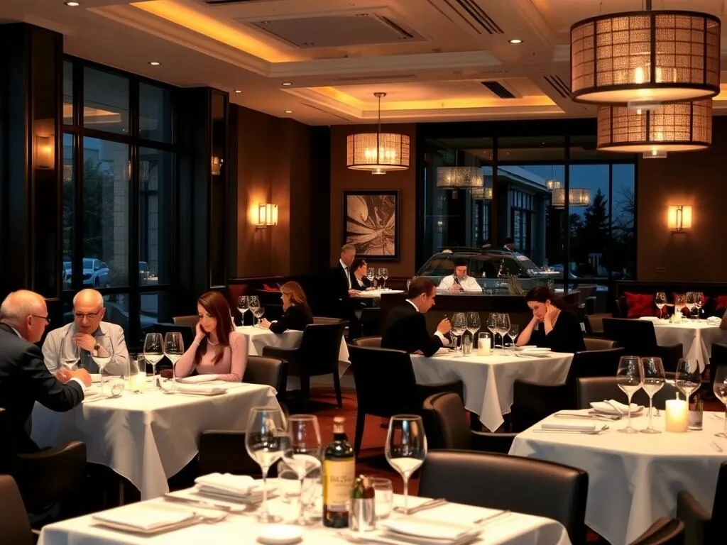 Interior of an upscale restaurant in Southlake with elegant table settings and ambient lighting Interior of an upscale restaurant in Southlake with elegant table settings and ambient lighting