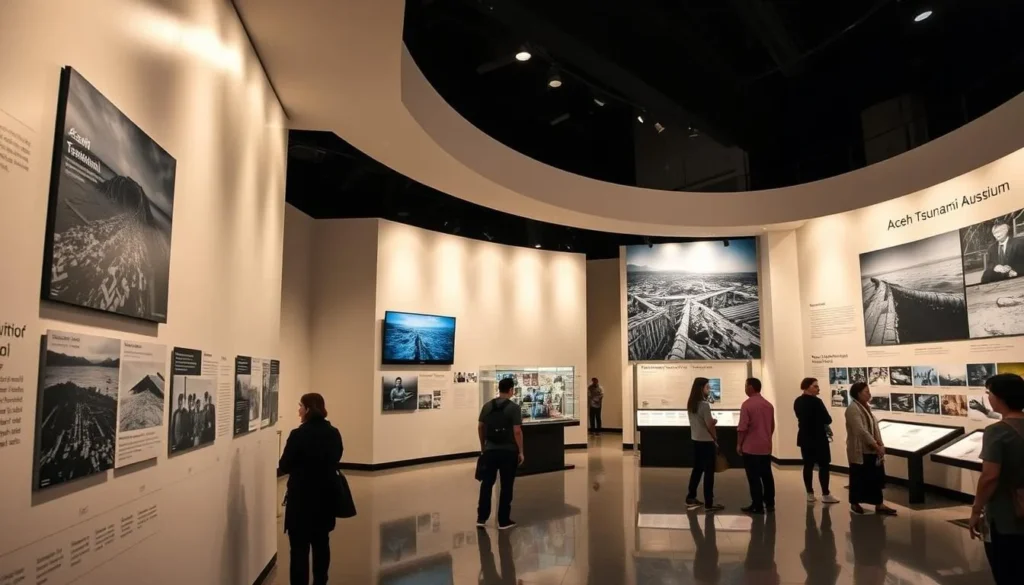 Interior of the Aceh Tsunami Museum showing exhibits and memorial displays