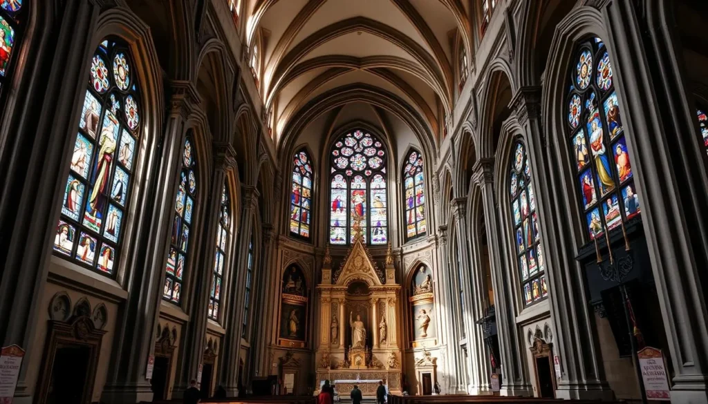 Interior of the Basilica showing beautiful stained glass and architecture