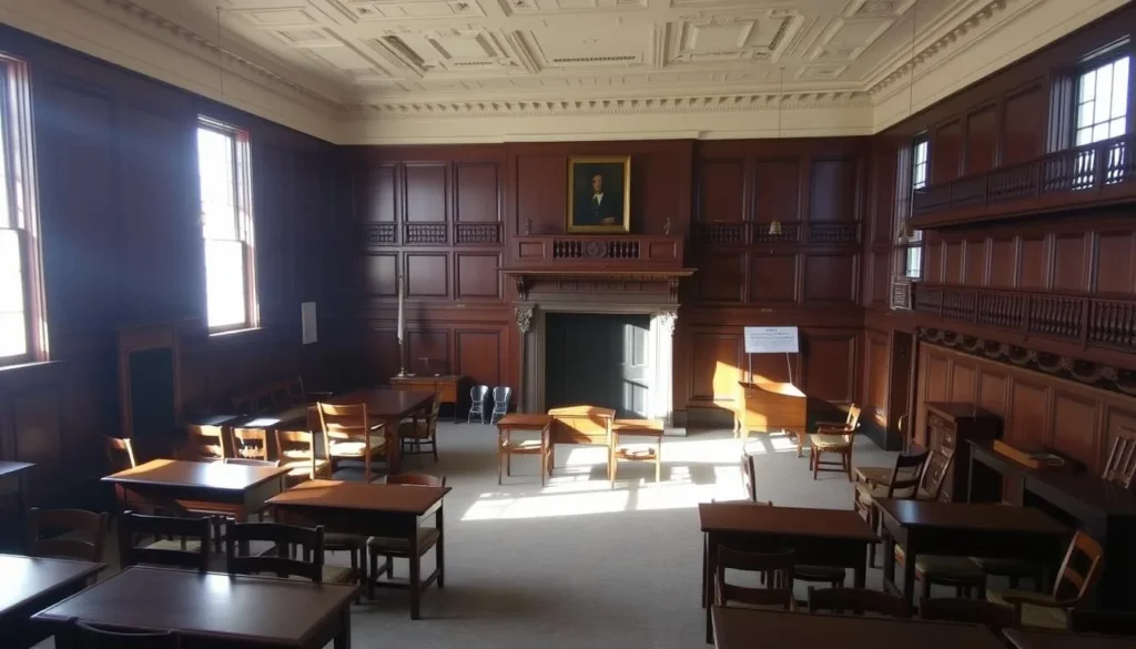 Interior of the Benicia Capitol building showing the Senate chamber with period furnishings Interior of the Benicia Capitol building showing the Senate chamber with period furnishings