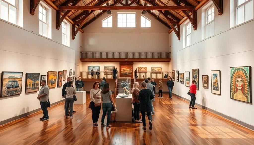 Interior of the Broken Hill Regional Art Gallery showing artwork displays
