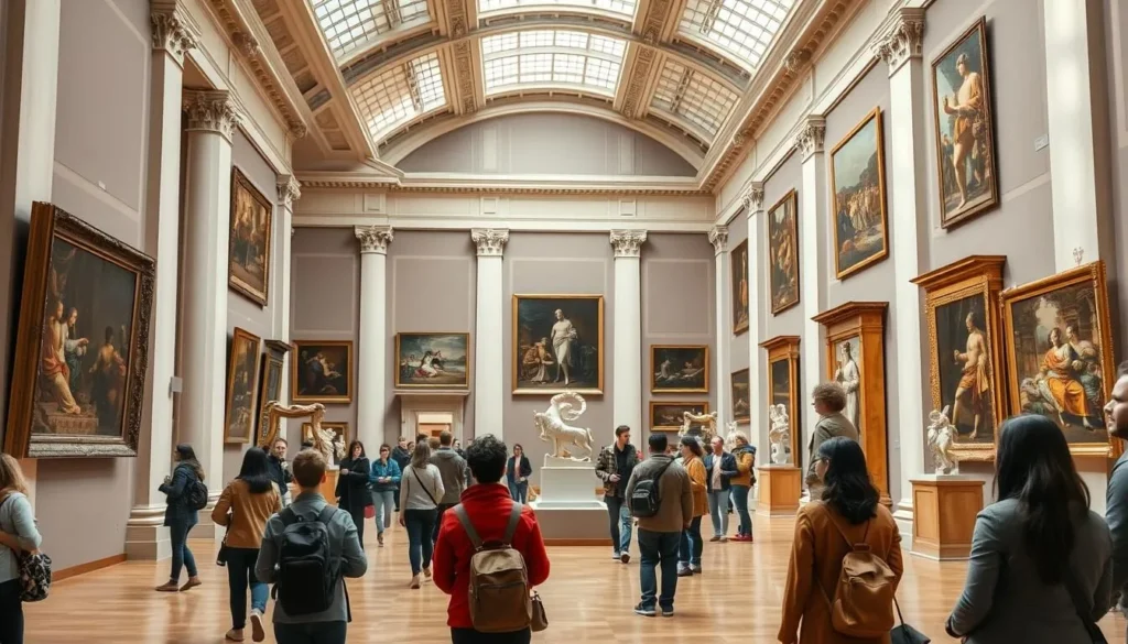 Interior of the Fitzwilliam Museum in Cambridge showing art galleries and visitors