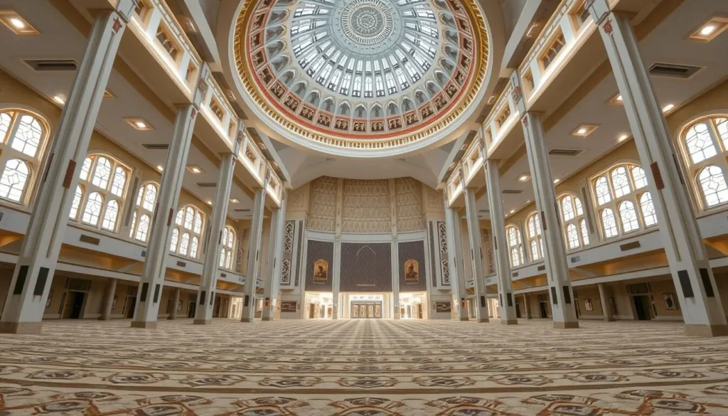 Interior of the Grand Mosque of West Sumatra showing modern Islamic architecture with geometric patterns, a must-see among things to do in Padang, Indonesia