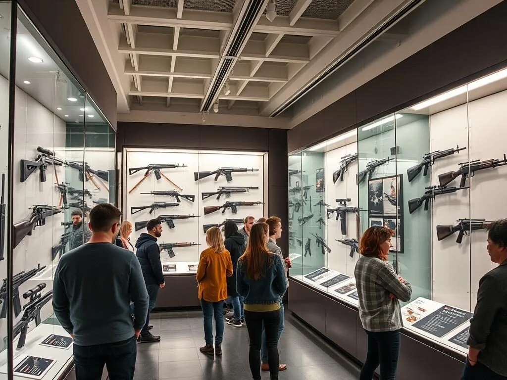 Interior of the Kalashnikov Museum showing weapon displays and interactive exhibits Interior of the Kalashnikov Museum showing weapon displays and interactive exhibits