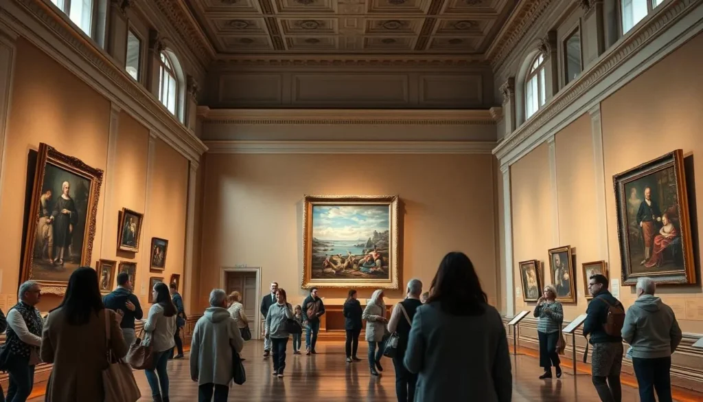 Interior of the Krasnodar Regional Art Museum showing Russian artwork and visitors