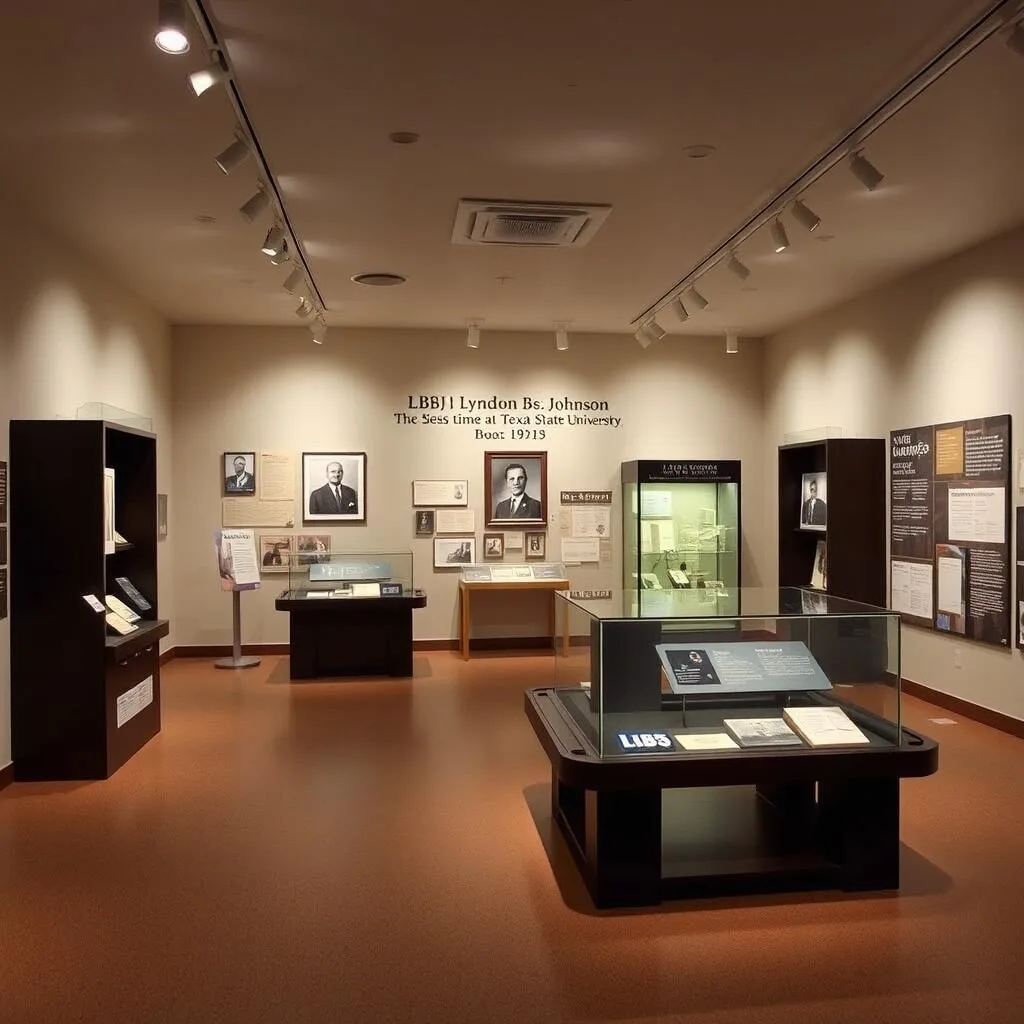 Interior of the LBJ Museum of San Marcos showing historical exhibits Interior of the LBJ Museum of San Marcos showing historical exhibits
