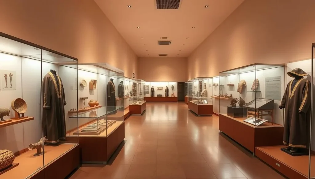 Interior of the Museum of Antiquities and Traditional Heritage in Tabuk showing ancient artifacts Interior of the Museum of Antiquities and Traditional Heritage in Tabuk showing ancient artifacts