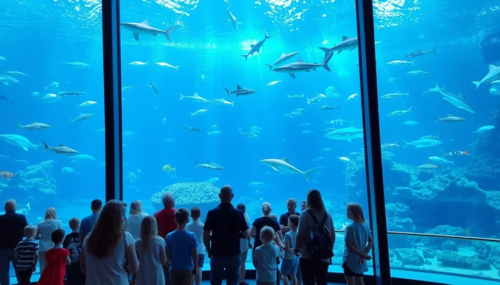 Interior of the National Marine Aquarium in Plymouth showing the large Atlantic Ocean tank