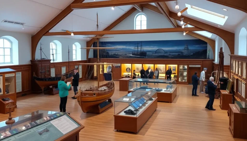 Interior of the Northern Maritime Museum in Arkhangelsk with ship models and maritime artifacts