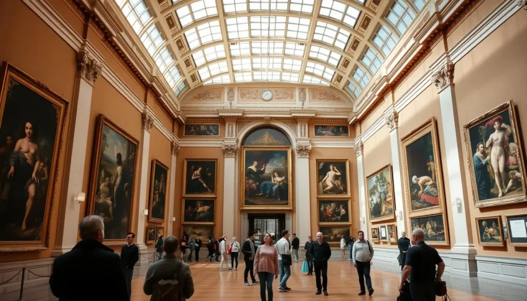 Interior of the Prado Museum in Madrid showing the main gallery with famous paintings and visitors