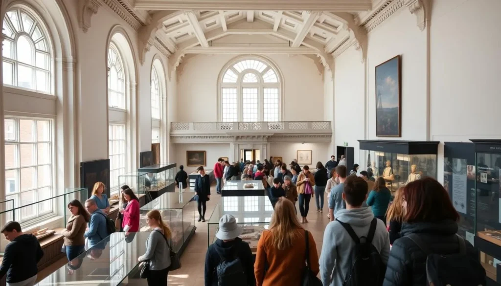 Interior of the Royal Albert Memorial Museum in Exeter showing exhibits and visitors
