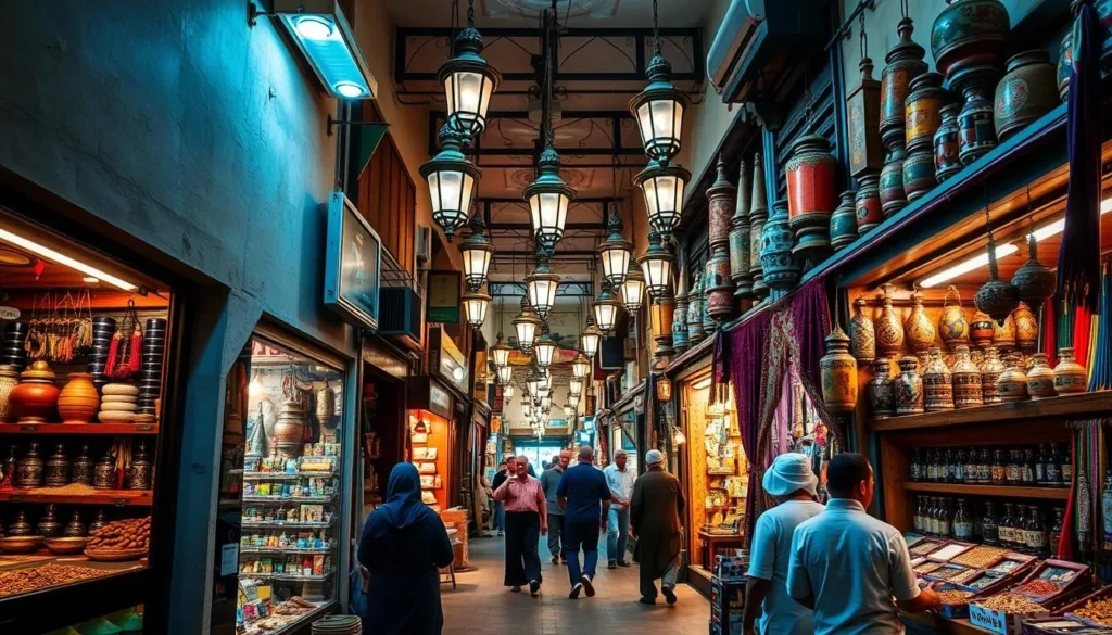 Interior of the colorful and bustling Muttrah Souk with shops selling traditional goods Interior of the colorful and bustling Muttrah Souk with shops selling traditional goods