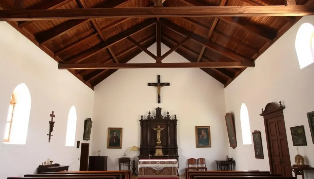 Interior of the historic Socorro Mission with traditional architecture and religious artifacts Interior of the historic Socorro Mission with traditional architecture and religious artifacts