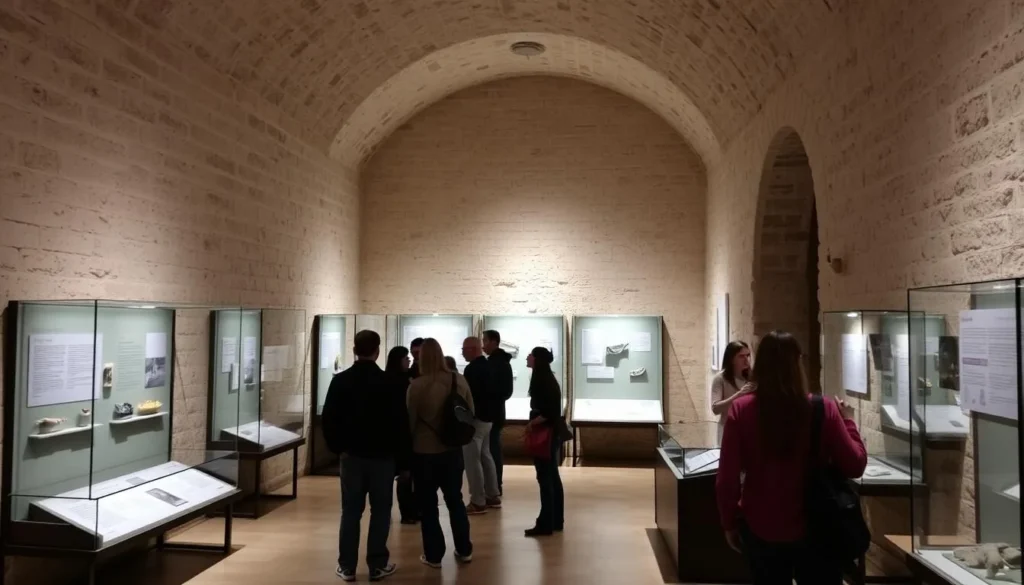 Interior room of Castillo de San Marcos showing historical exhibits and coquina walls Interior room of Castillo de San Marcos showing historical exhibits and coquina walls