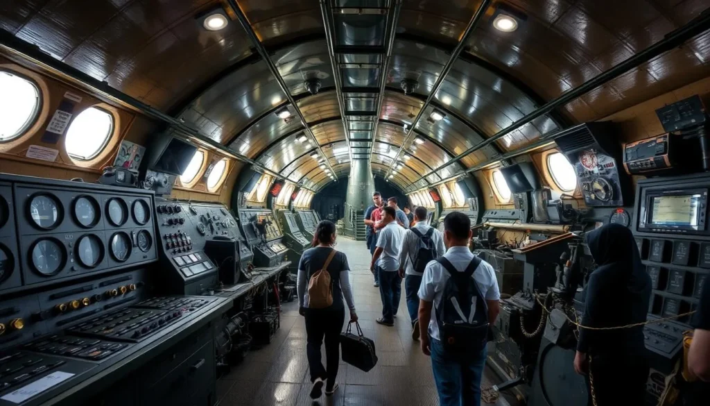Interior view of Submarine Monument (Monumen Kapal Selam) in Surabaya showing the preserved submarine with visitors exploring inside