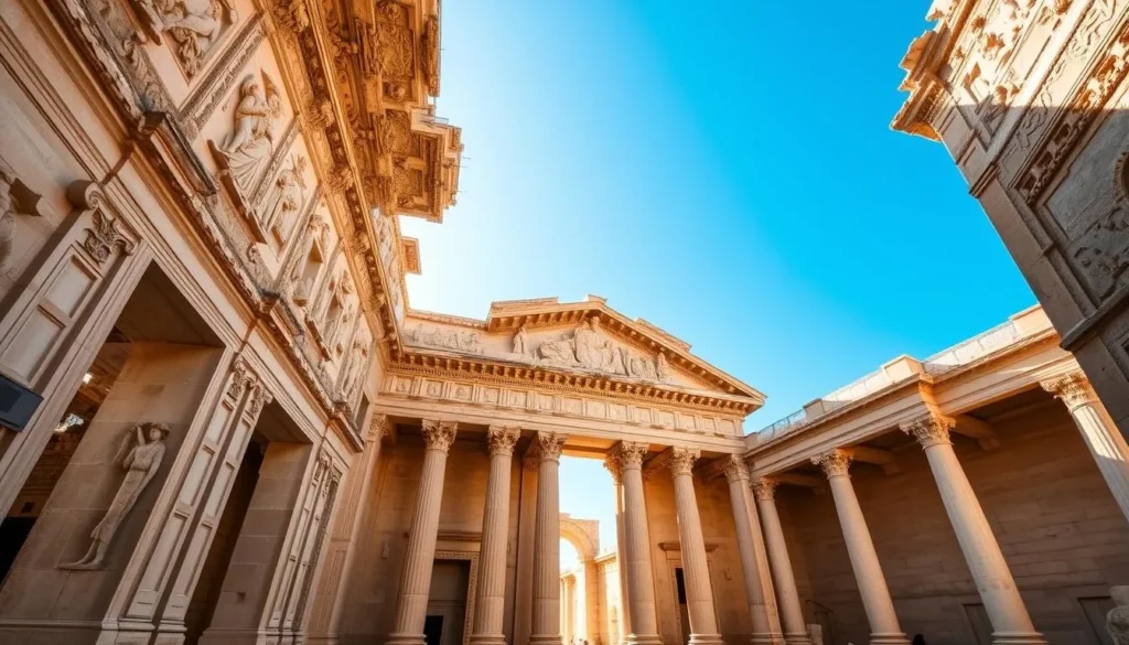 Interior view of the Temple of Bacchus showing detailed carvings and architectural elements