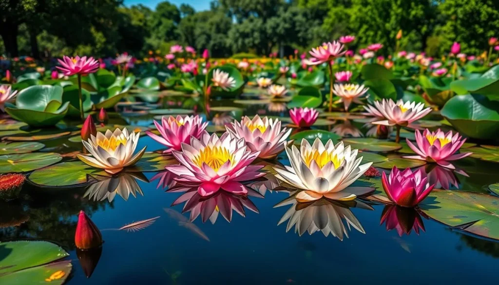 International Waterlily Collection in Civic League Park San Angelo Texas with colorful blooming waterlilies