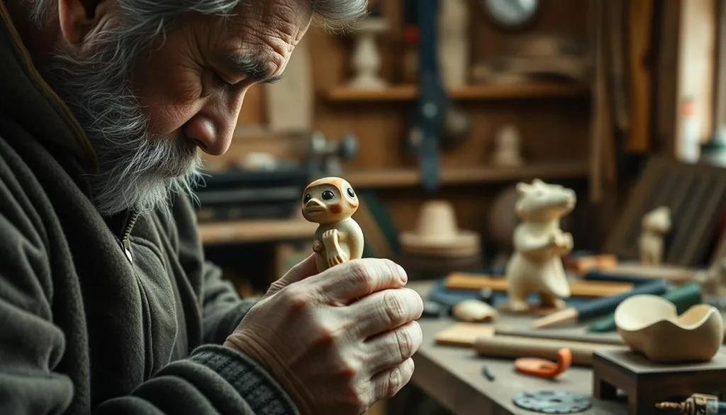 Inuit artisan carving tupilak from reindeer antler in Tasiilaq workshop