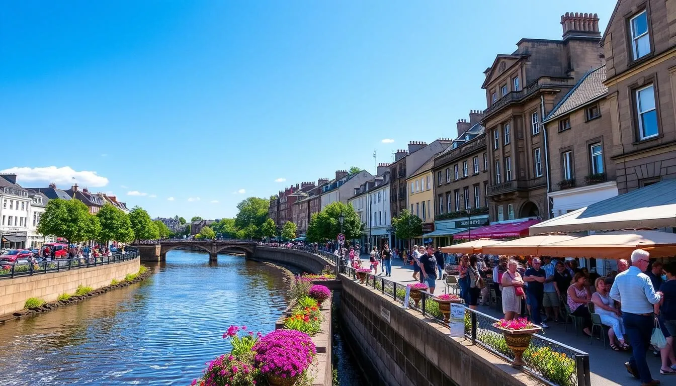 Inverness Scotland things to do in summer with people enjoying outdoor cafes along River Ness on a sunny day