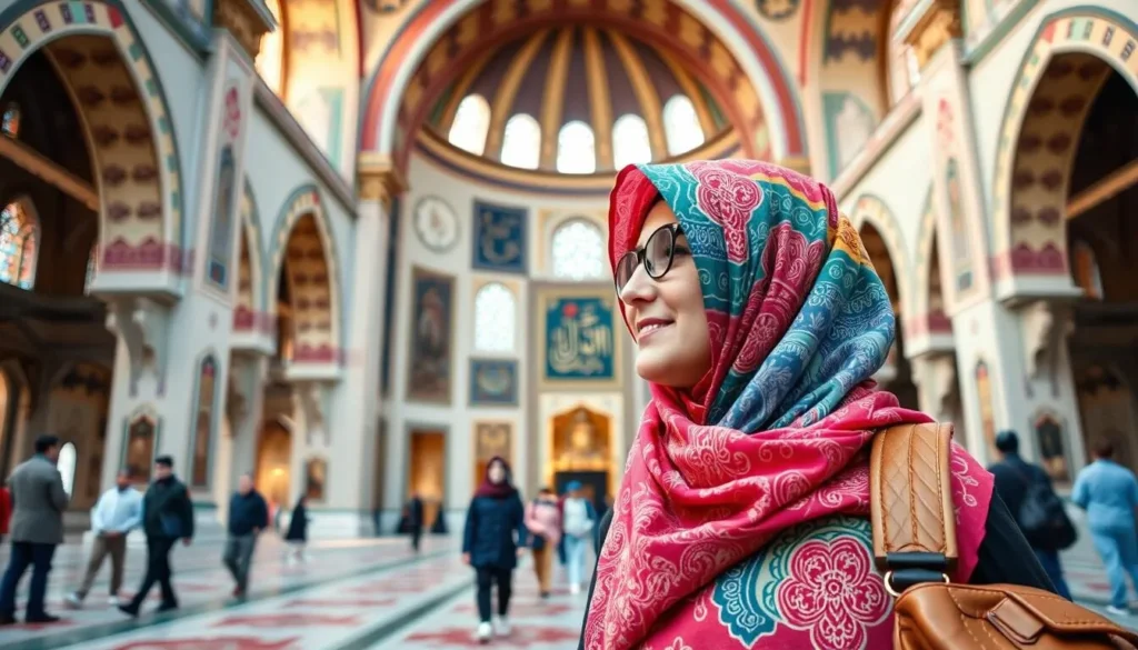 Iranian woman in colorful headscarf visiting a mosque - Iran best things to do Iranian woman in colorful headscarf visiting a mosque - Iran best things to do