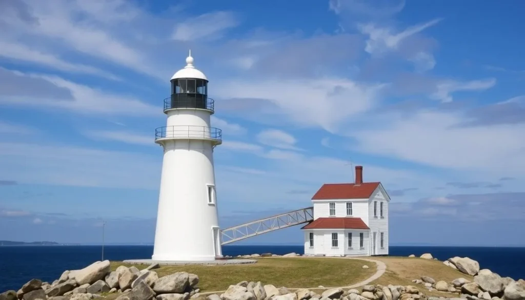Isle au Haut Lighthouse at Robinson Point with its distinctive wooden catwalk bridge