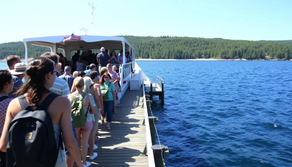 Isle au Haut mail boat ferry approaching the dock with passengers ready to explore the island