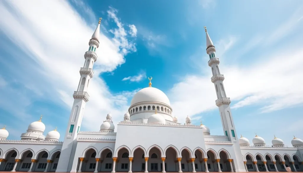 Istiqlal Mosque in Jakarta with its impressive white dome and minarets against blue sky